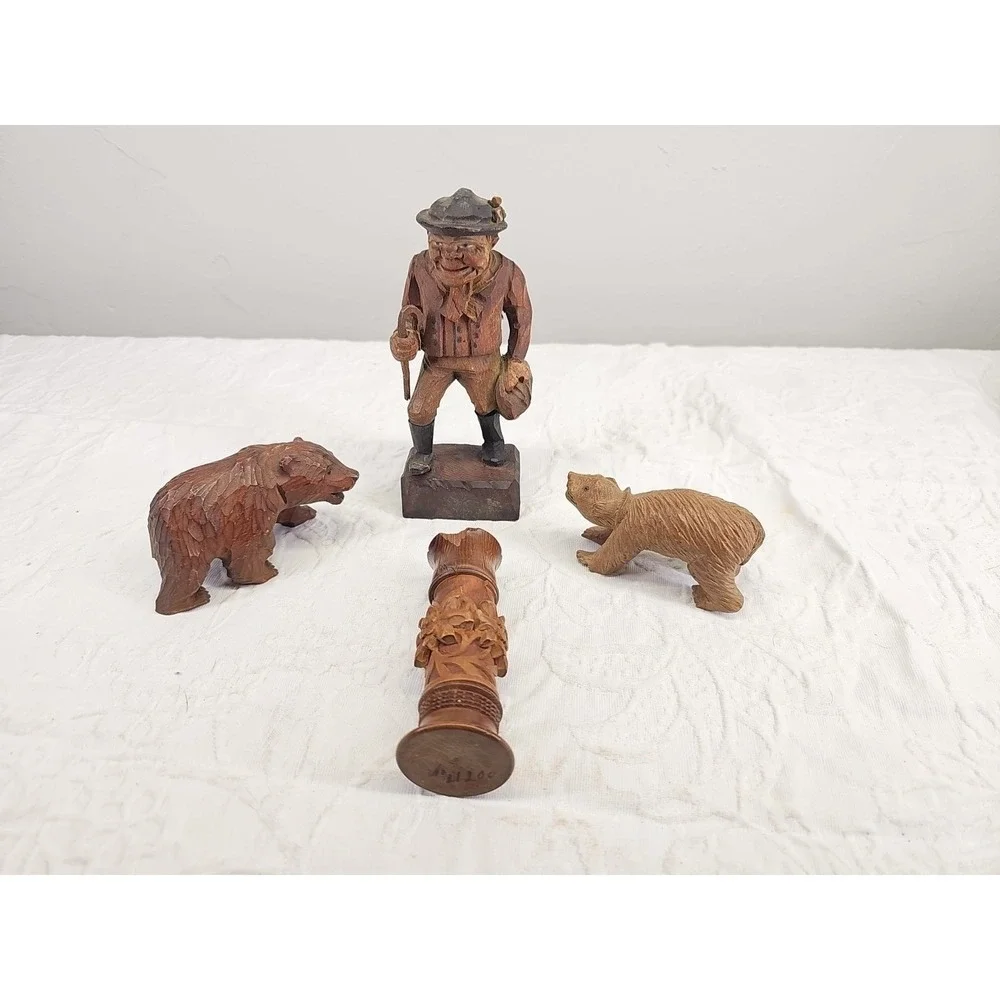Set Of 4 Black Forest Items 2 Bears, Figure And Sewing Item Holder Rare Vintage